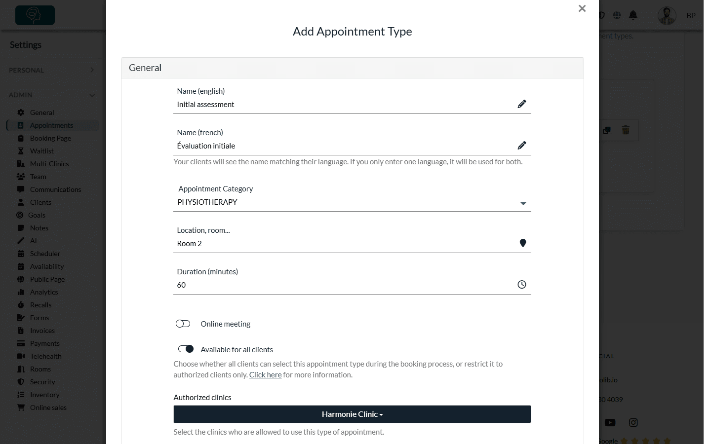 General section of the Add Appointment Type window: names, category, location and duration