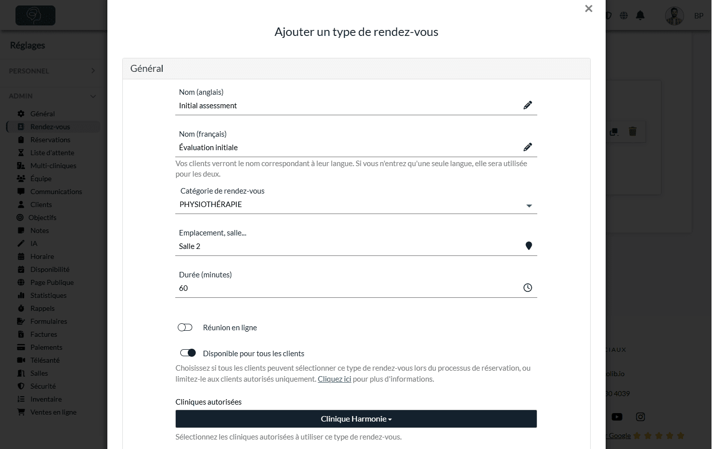 Section Général de la fenêtre Ajouter un type de rendez-vous : noms, catégorie, emplacement et durée