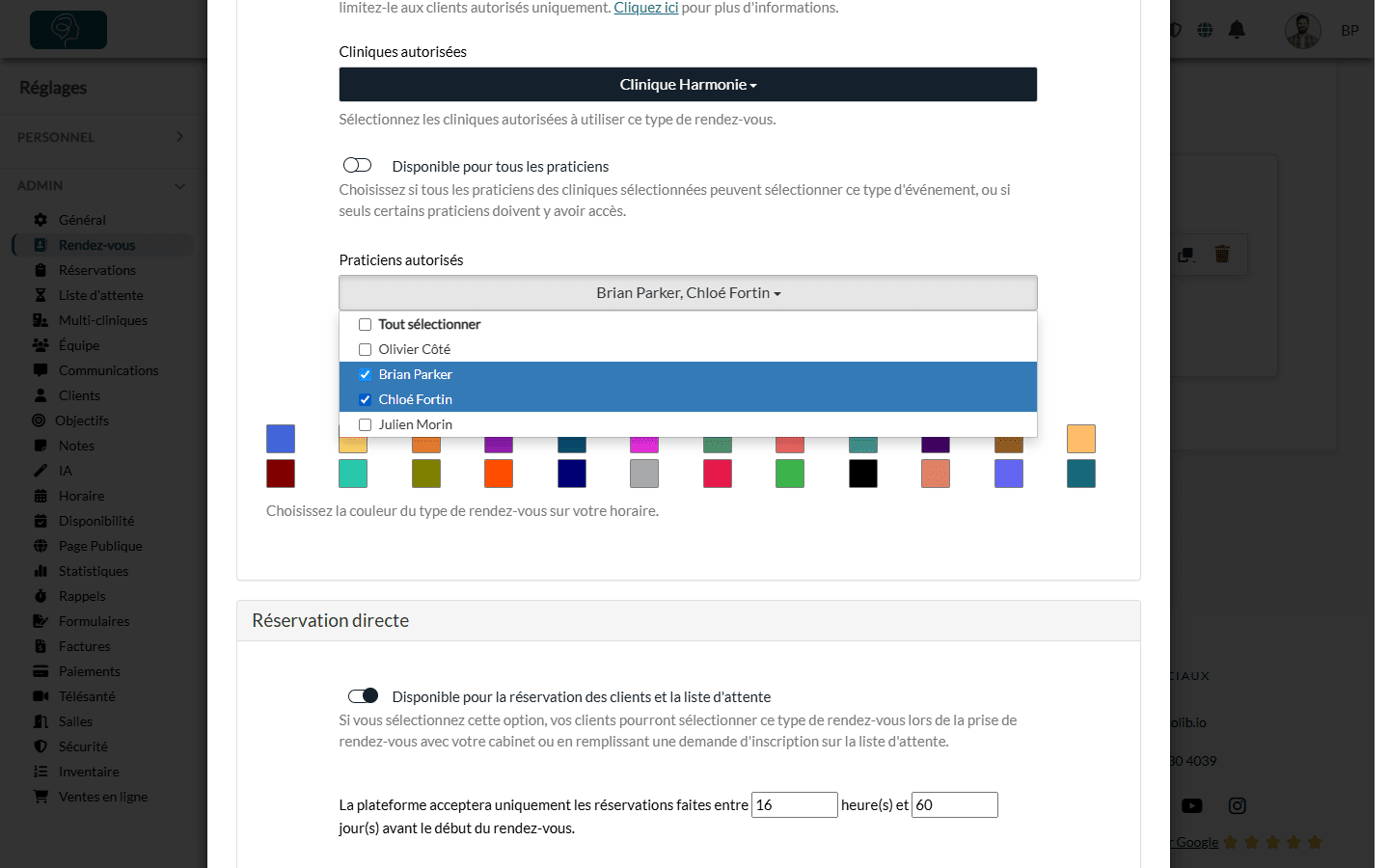 Disponible pour tous les praticiens désactivé et deux praticiens autorisés sélectionnés