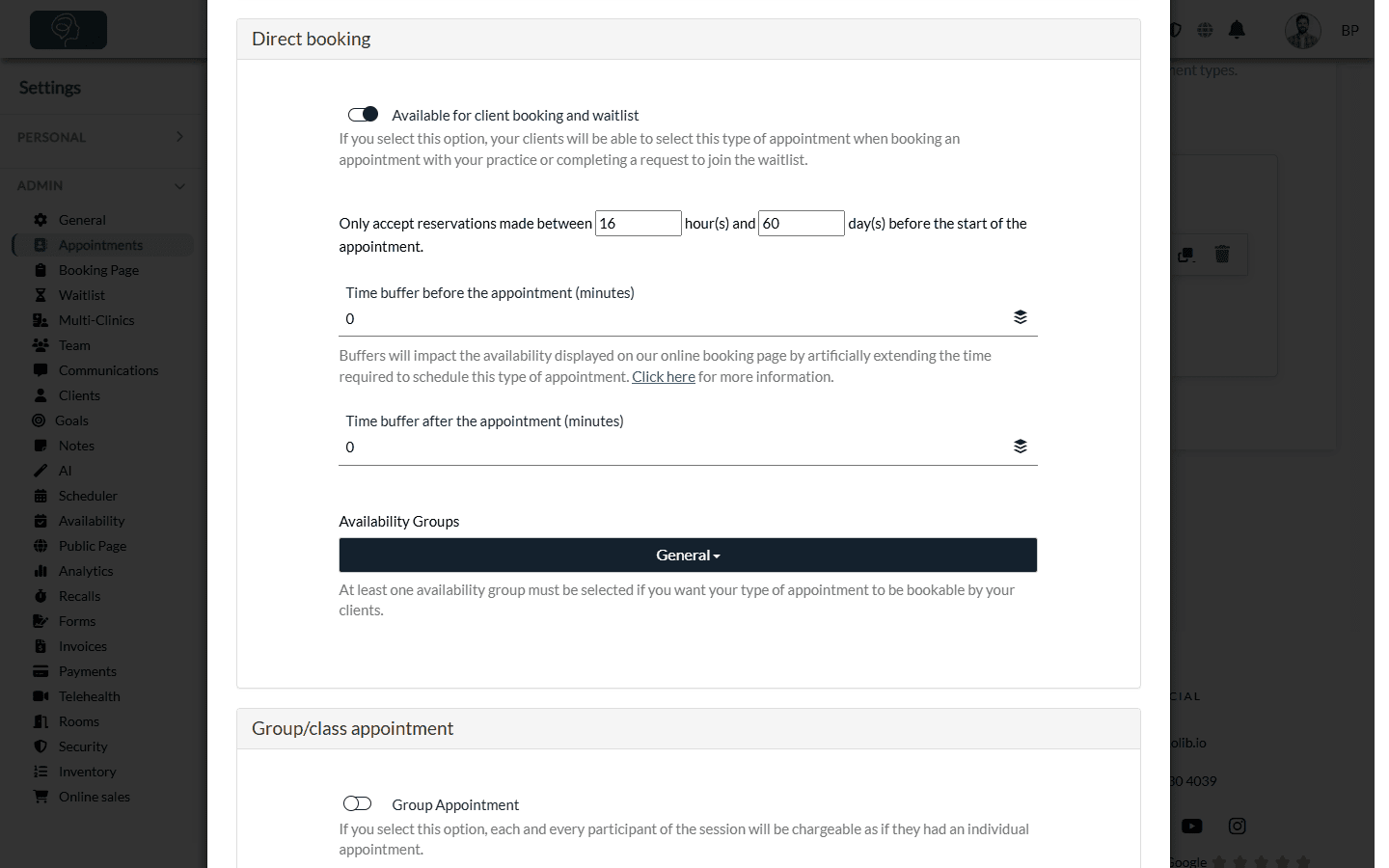 Direct booking section: booking window, time buffers and availability groups