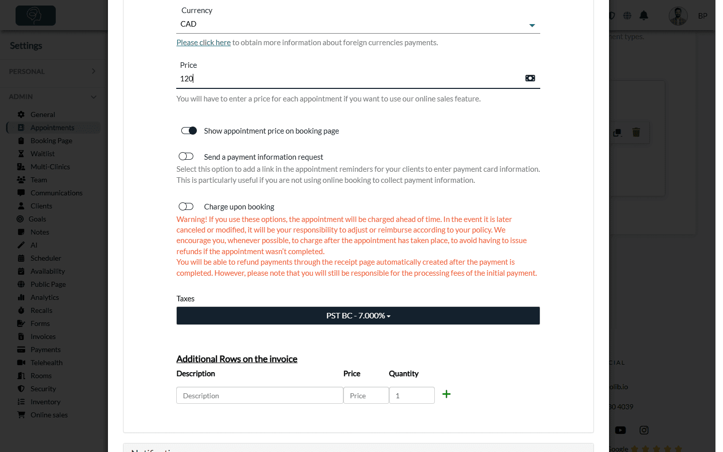 Invoicing section: invoice description, currency, price and options