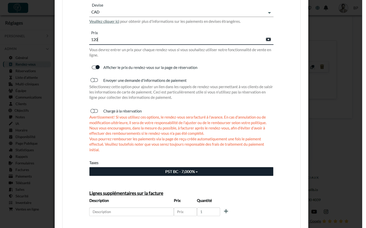 Section Facturation : description sur la facture, devise, prix et options