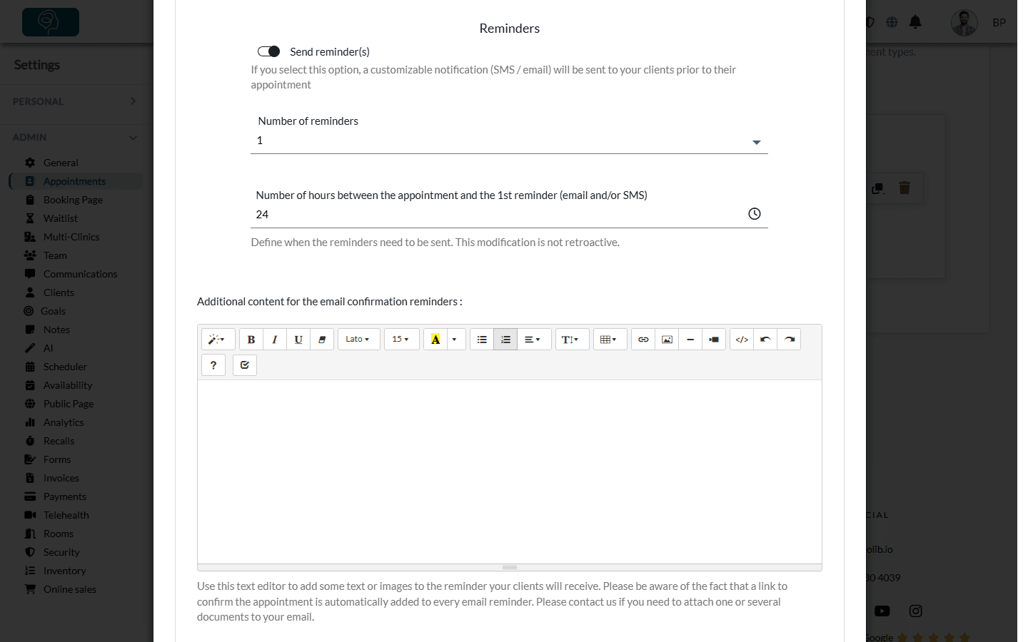 Reminders in the Notifications section: one reminder 24 hours before the appointment