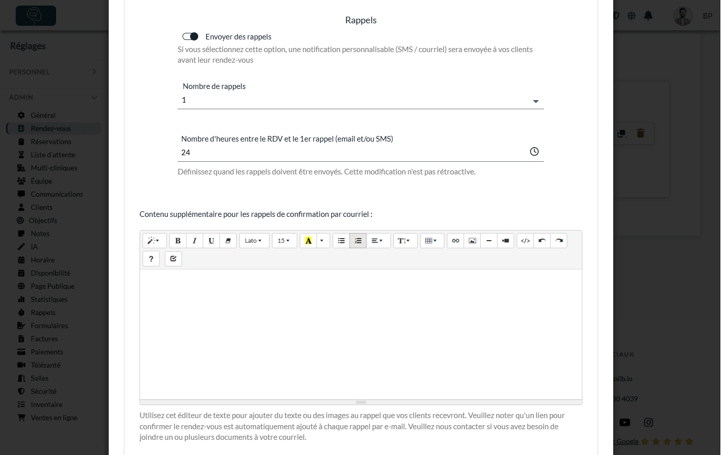 Rappels de la section Notifications : un rappel 24 heures avant le rendez-vous