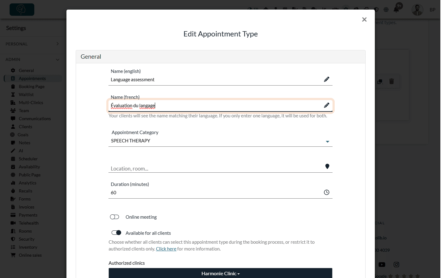 Name (english) and Name (french) fields of an appointment type