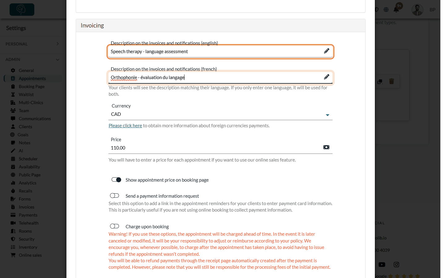 Descriptions on the invoices and notifications in English and French