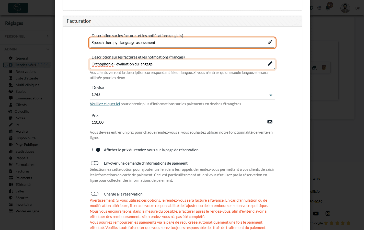 Descriptions sur les factures et les notifications en anglais et en français
