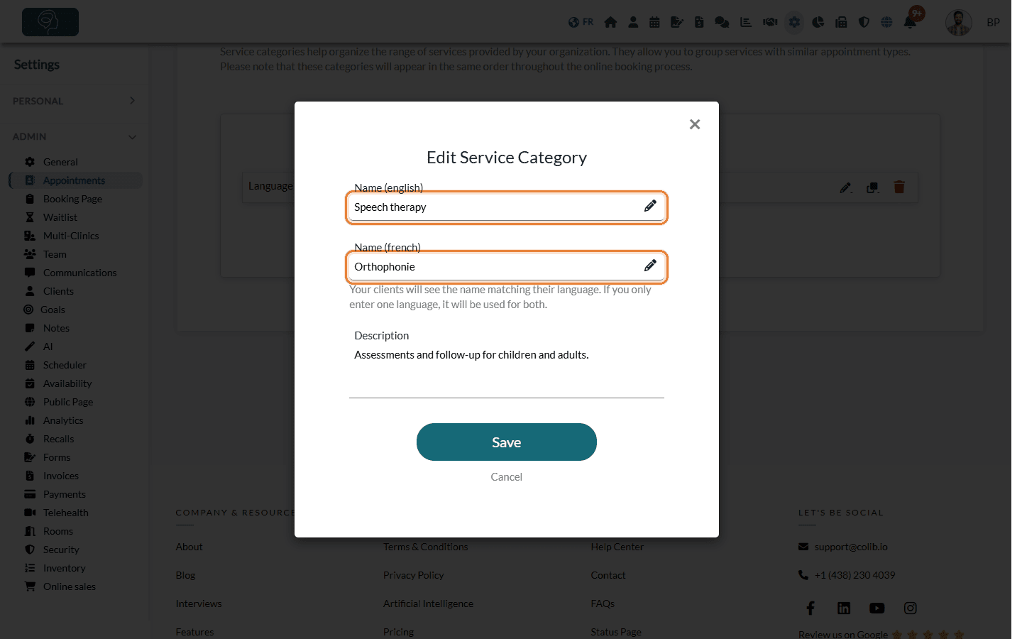 Edit Service Category window with the English and French names