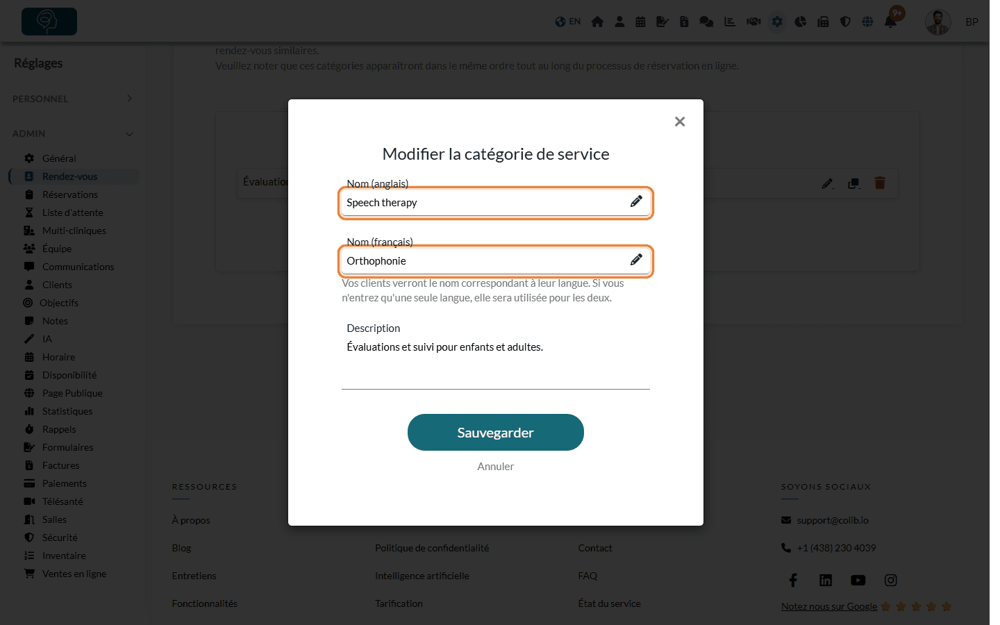 Fenêtre Modifier la catégorie de service avec les noms anglais et français