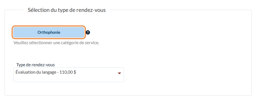 Catégorie et type de rendez-vous sur la page de réservation en français