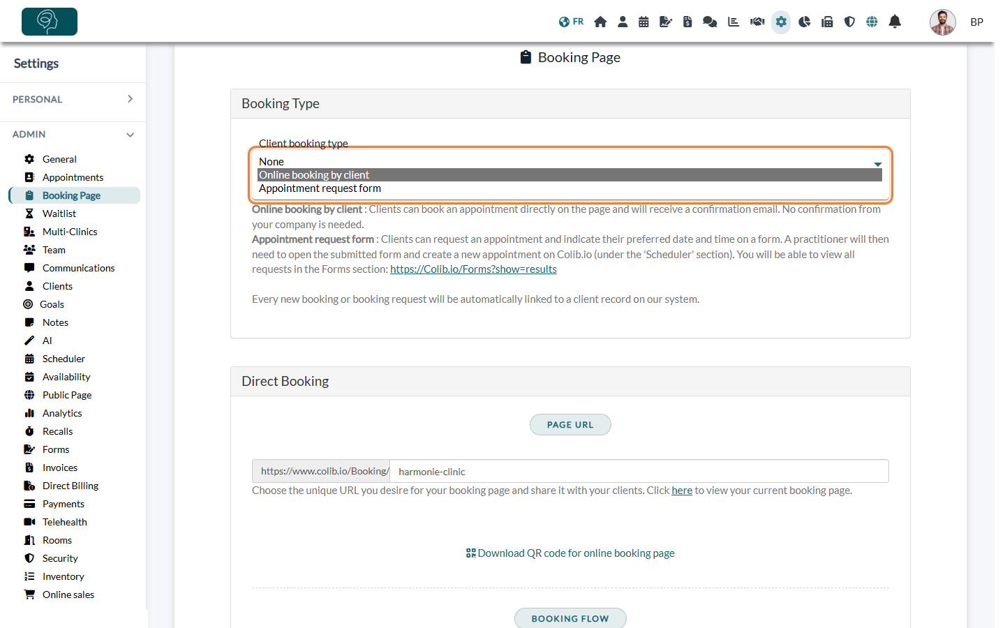 Client booking type list in Settings > Booking Page