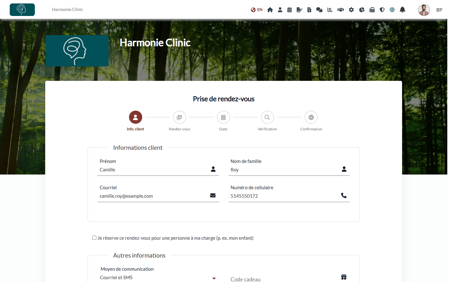 Première étape de la page de réservation en ligne
