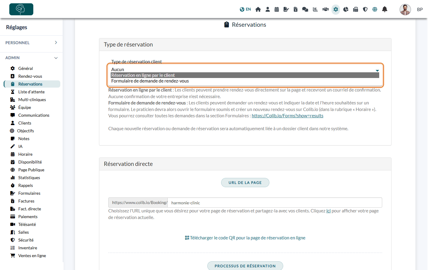 Liste Type de réservation client dans Réglages > Réservations