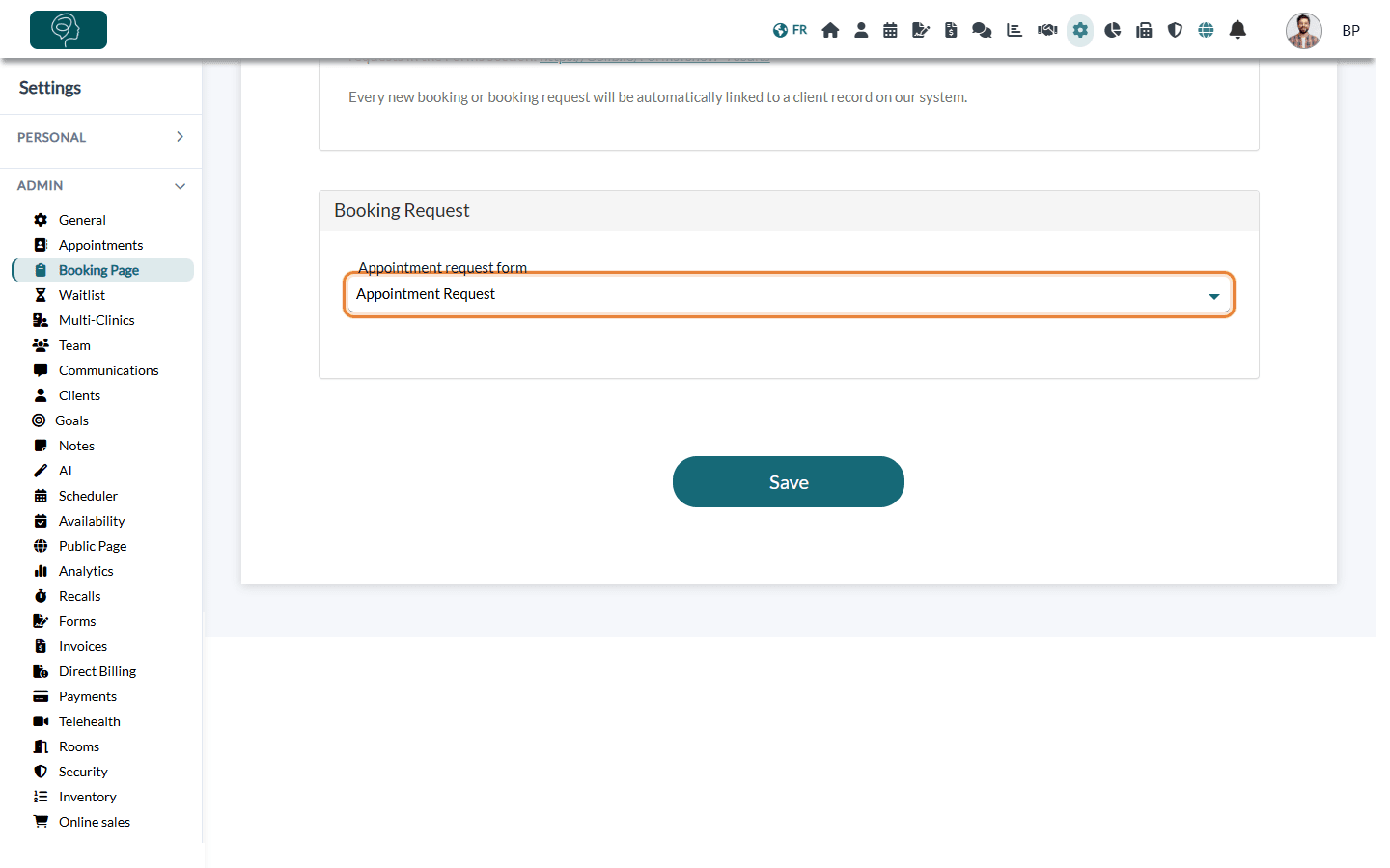 Appointment request form chosen in the Booking Request section