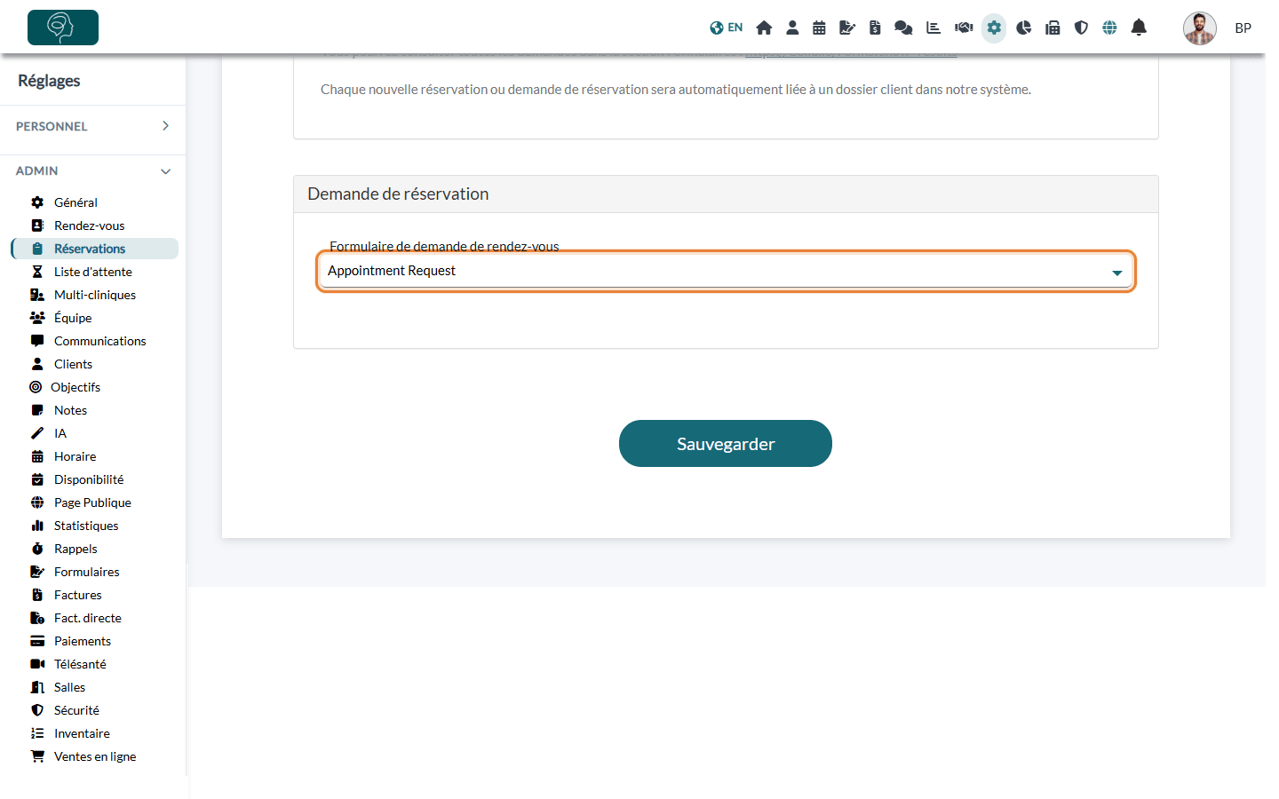 Formulaire de demande de rendez-vous choisi dans la section Demande de réservation