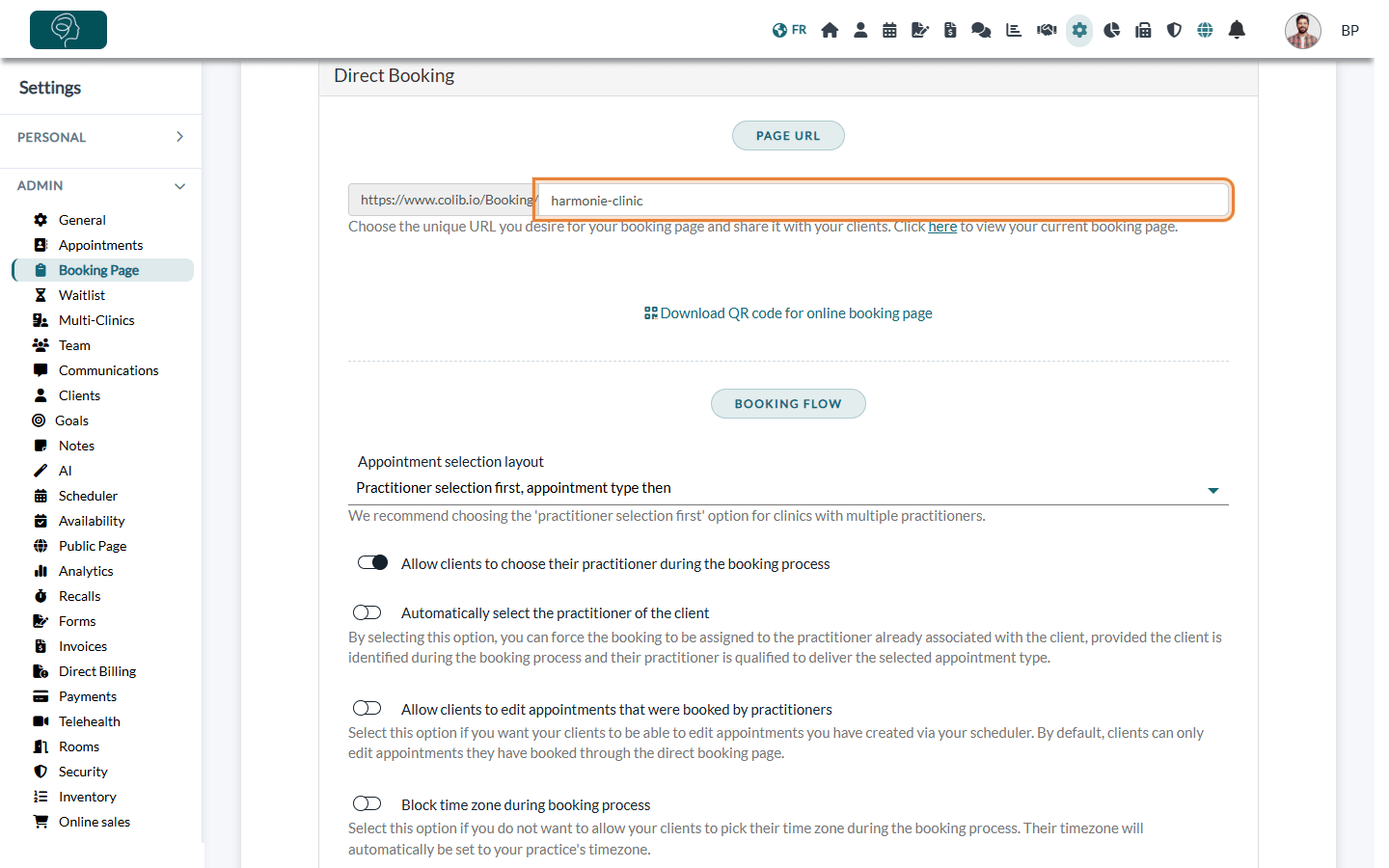 Page URL and Booking flow parts of the Direct Booking section