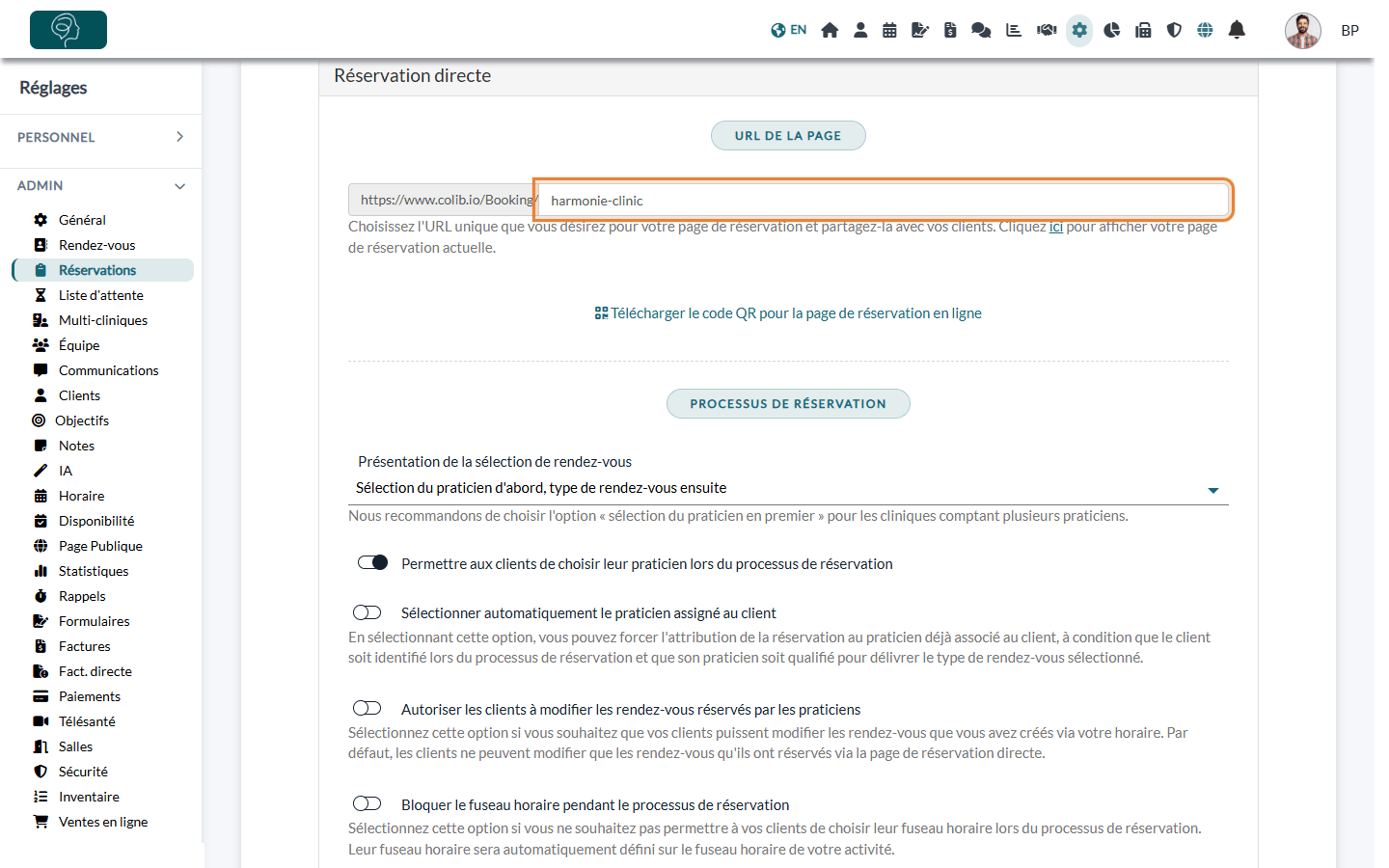 Parties URL de la page et Processus de réservation de la section Réservation directe