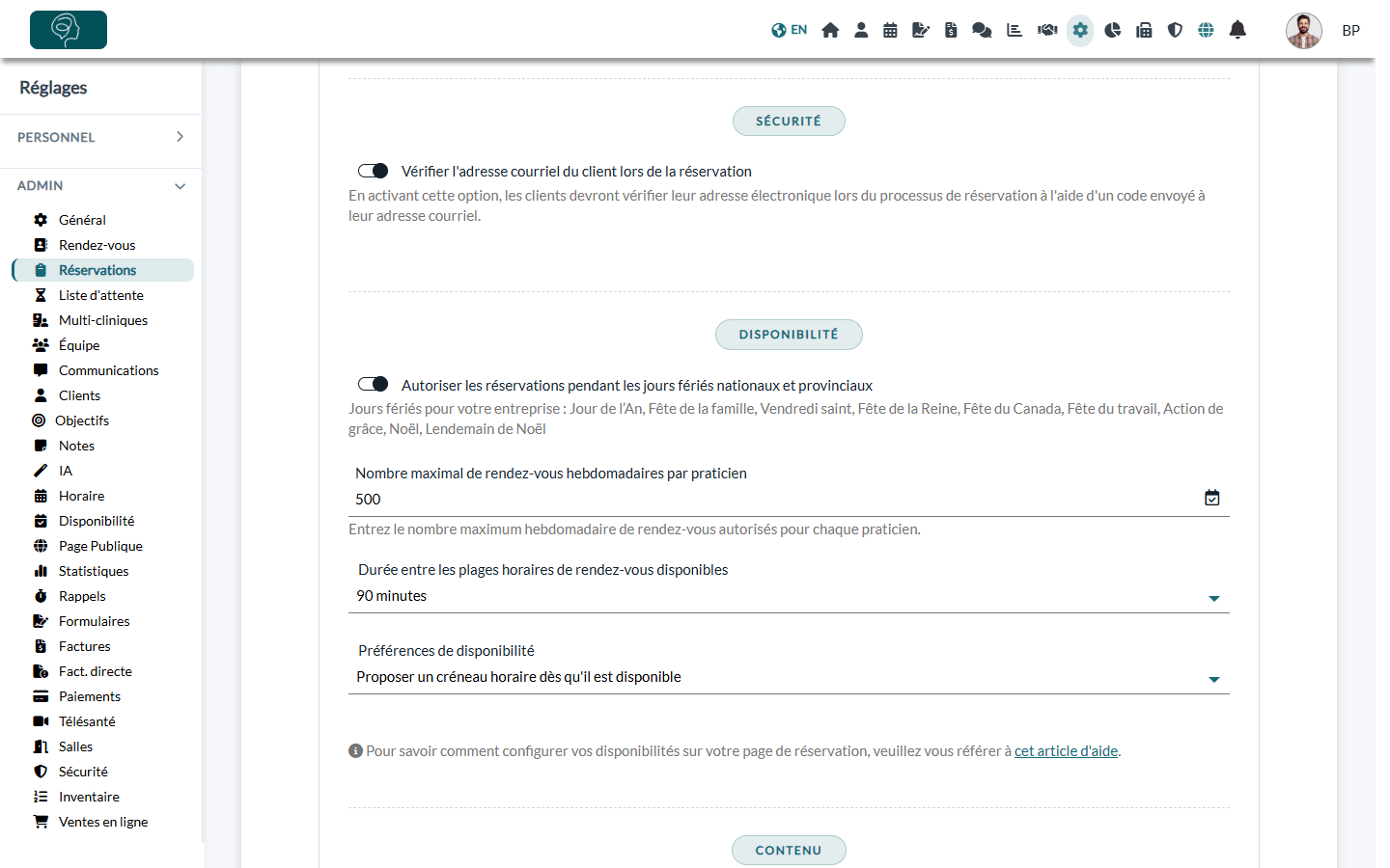 Parties Sécurité et Disponibilité de la section Réservation directe