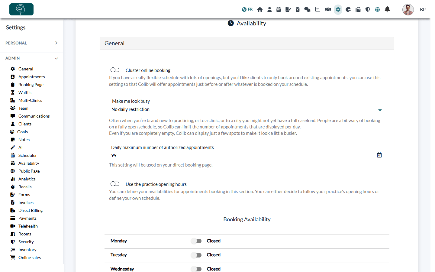 Settings > Personal > Availability of a practitioner