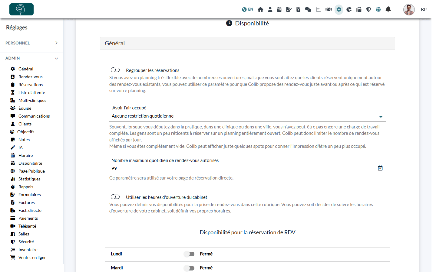 Réglages > Personnel > Disponibilité d'un praticien