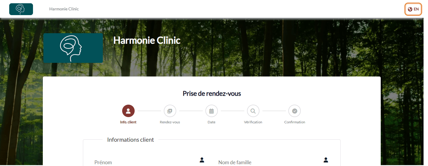 Page de réservation en français avec le lien EN en haut à droite pour passer en anglais