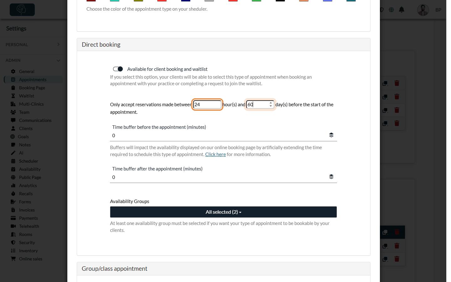 Booking window fields in the Direct booking section of an appointment type