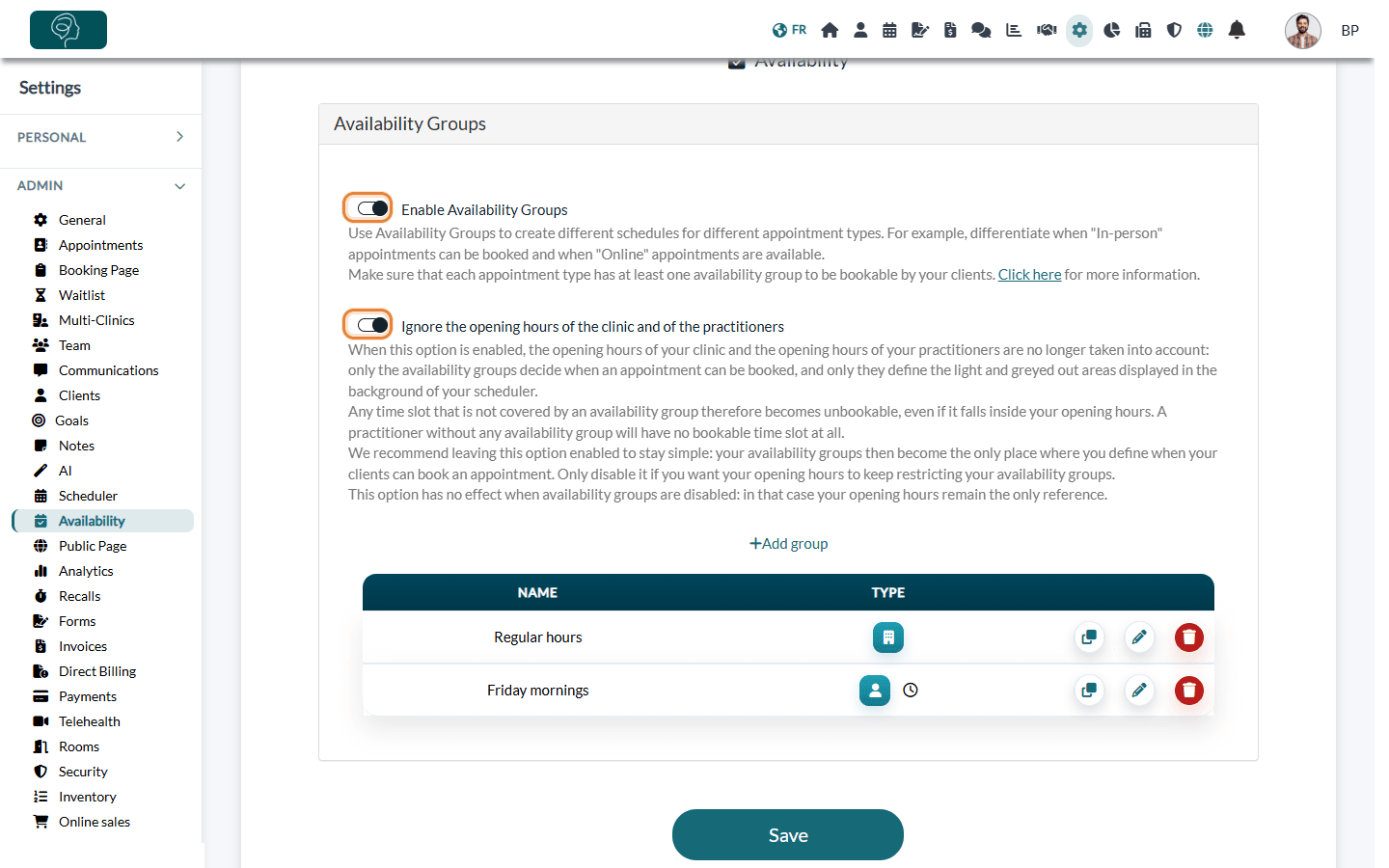Enable Availability Groups and Ignore the opening hours options in Settings > Availability