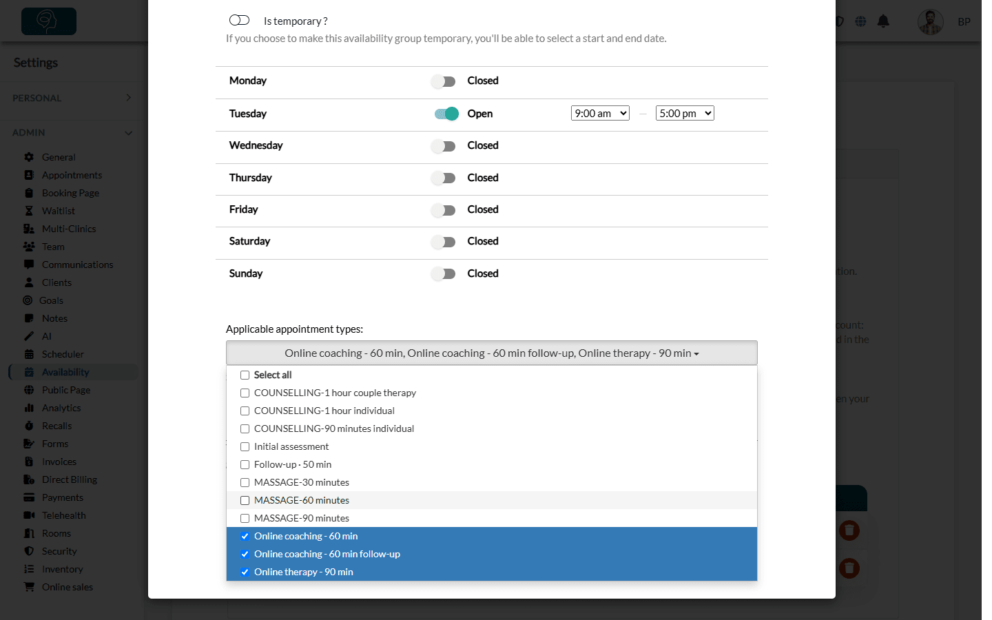 Choosing the applicable appointment types of the group