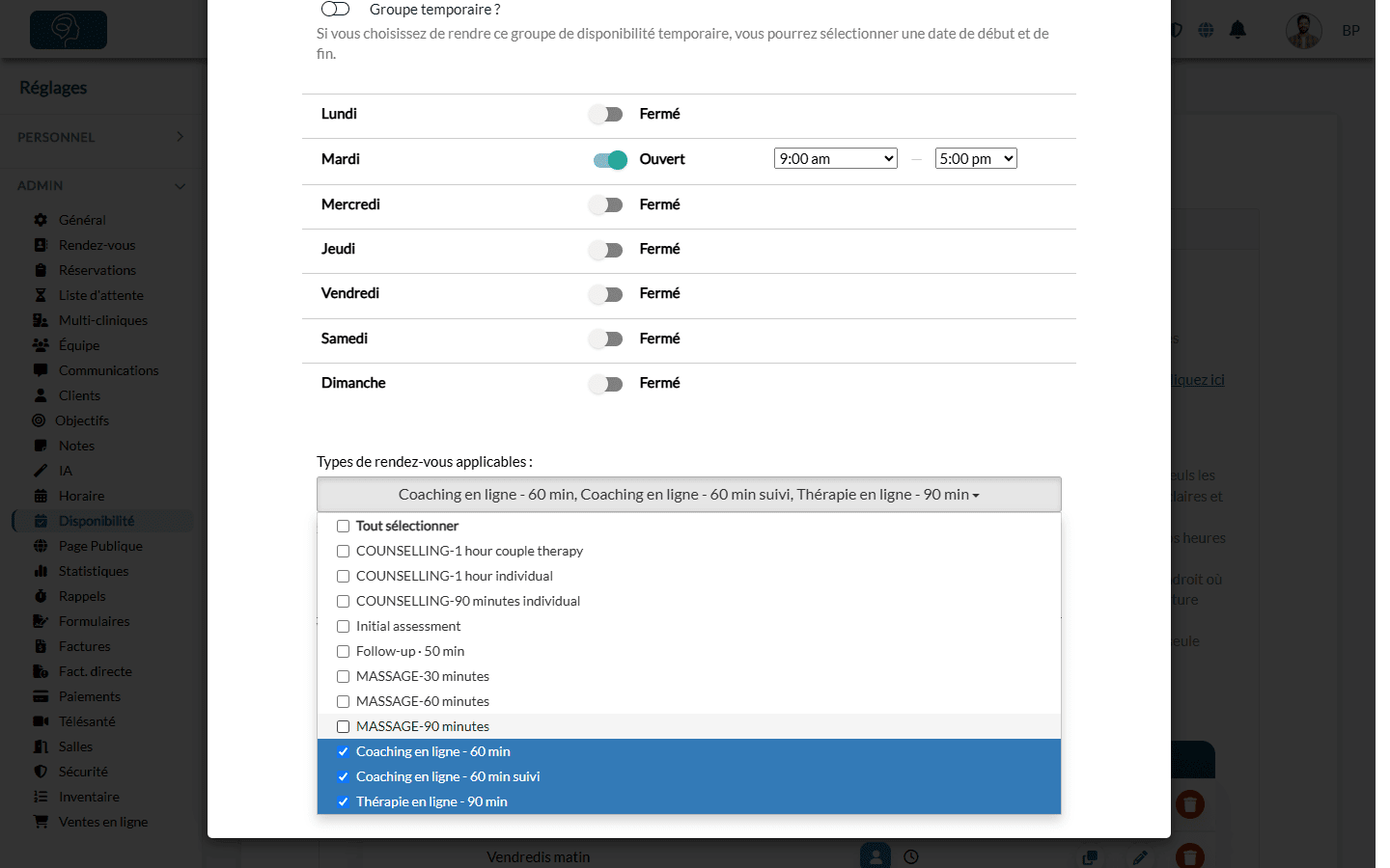 Choix des types de rendez-vous applicables du groupe