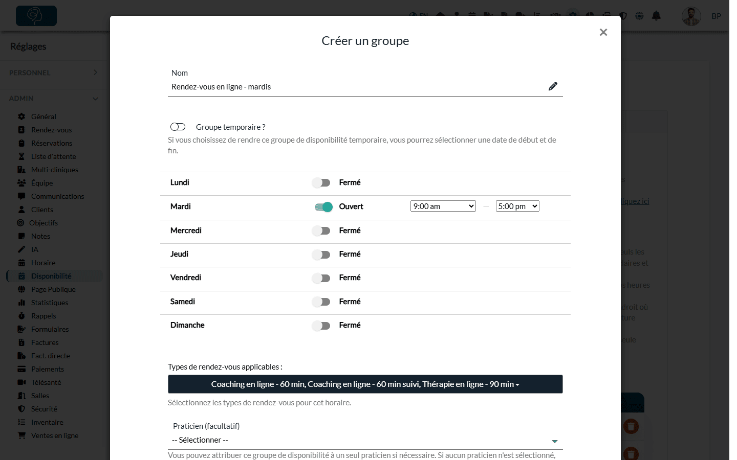 Fenêtre Créer un groupe avec le mardi ouvert de 9 h à 17 h