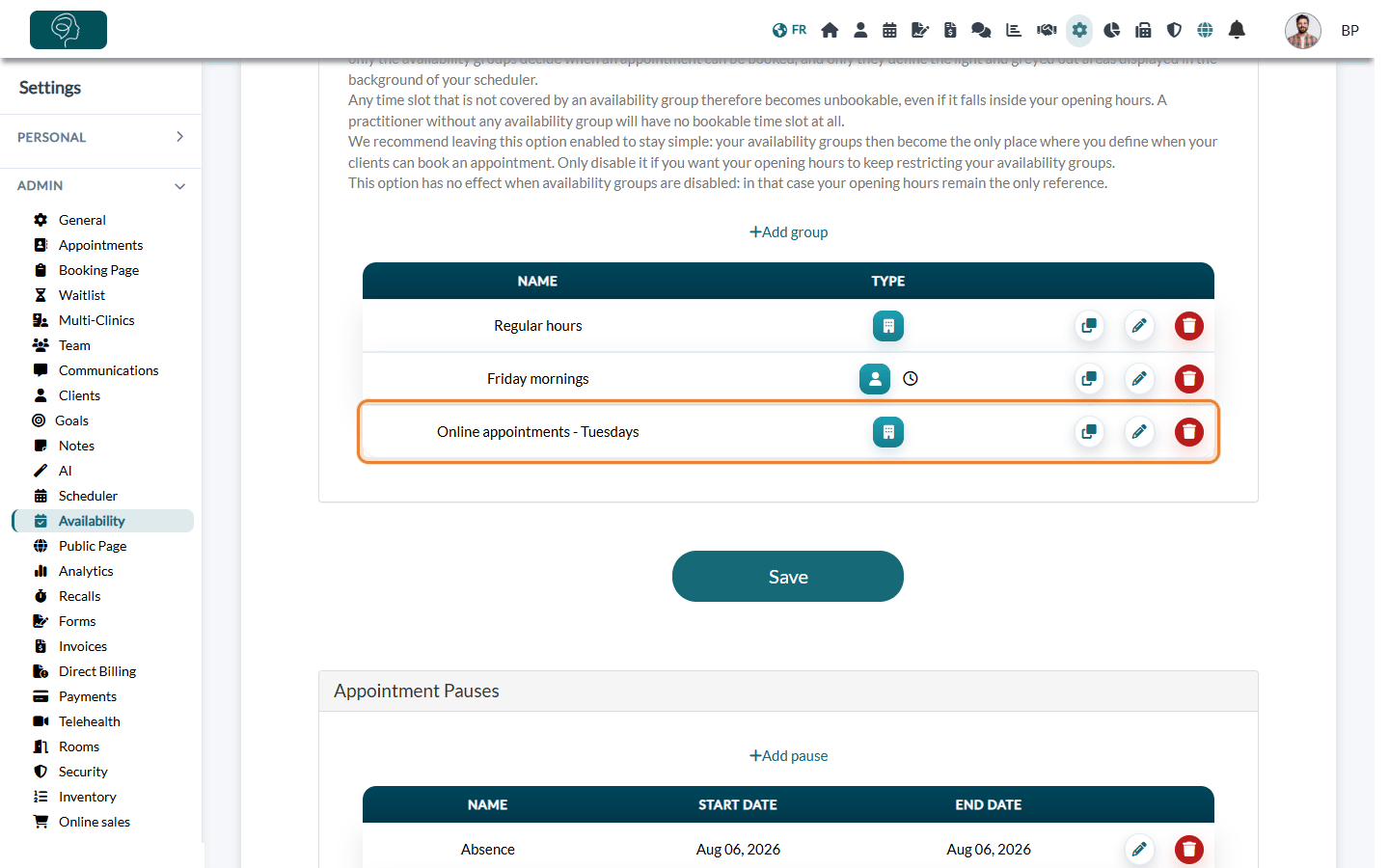 The new group in the list of availability groups
