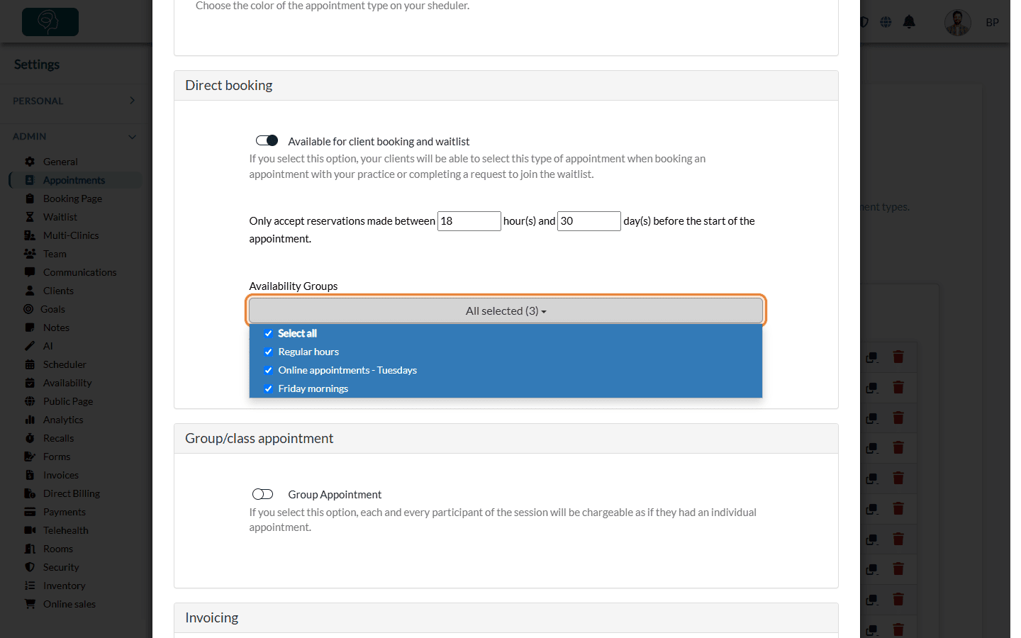 Availability Groups field in the Direct booking section of an appointment type