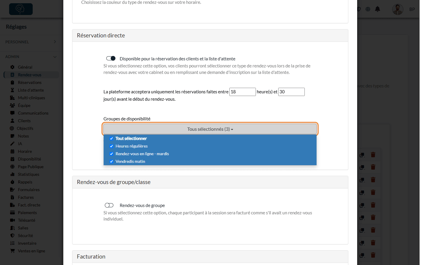 Champ Groupes de disponibilité dans la section Réservation directe d'un type de rendez-vous