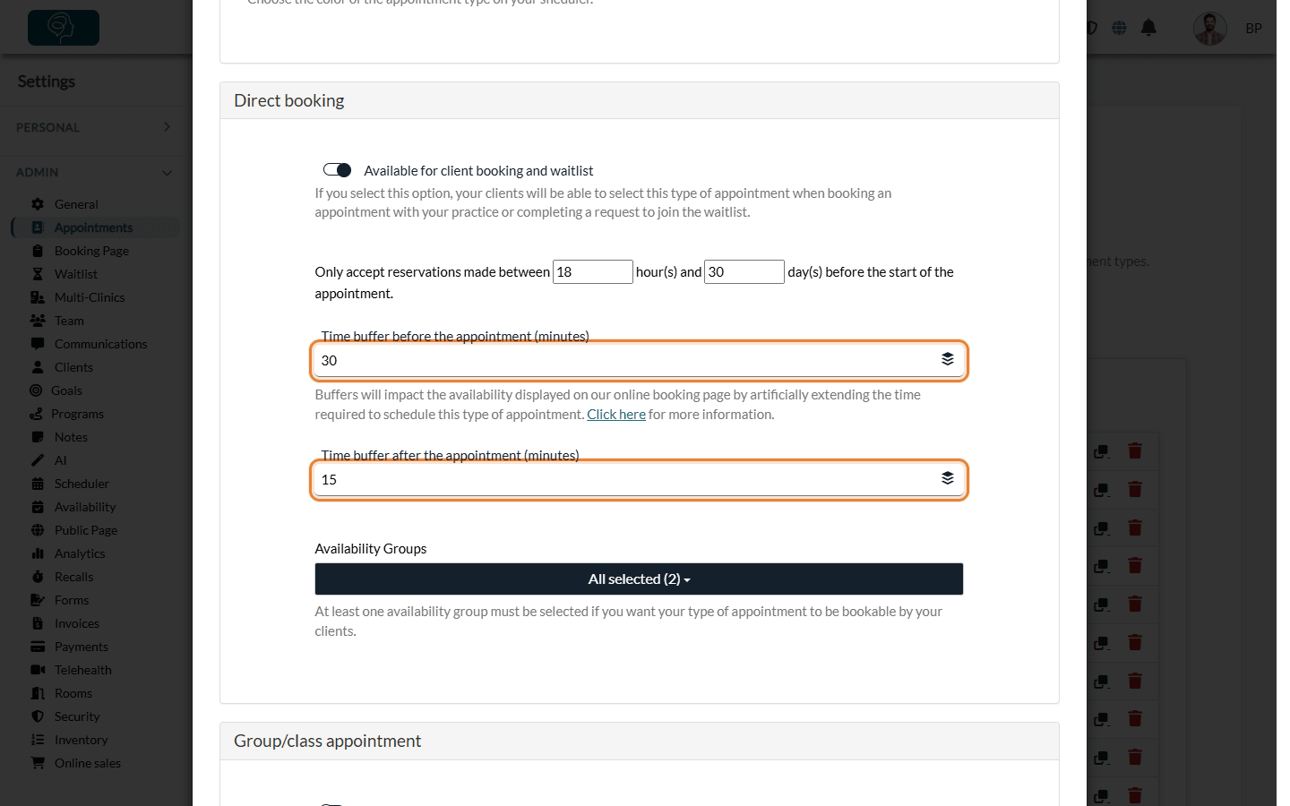 Time buffer before the appointment set to 30 minutes and Time buffer after the appointment set to 15 minutes in the Direct booking section of an appointment type