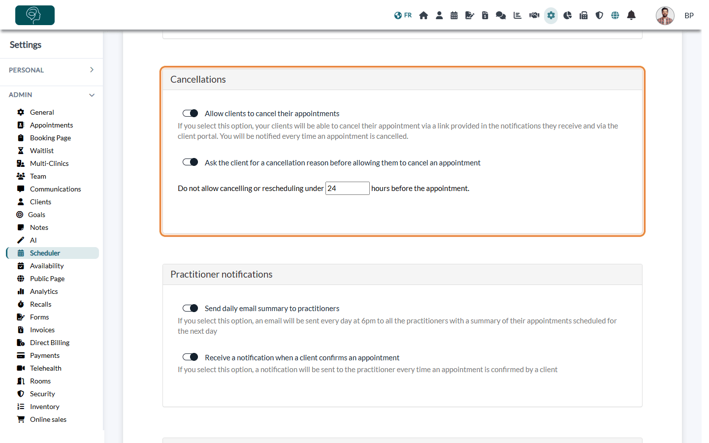 Cancellations section in Settings > Scheduler