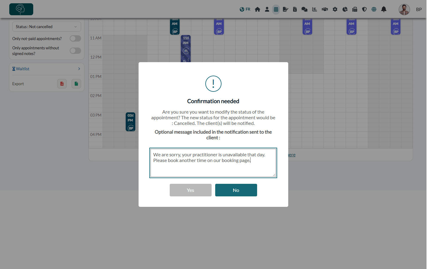 Confirmation window with the optional message for the client