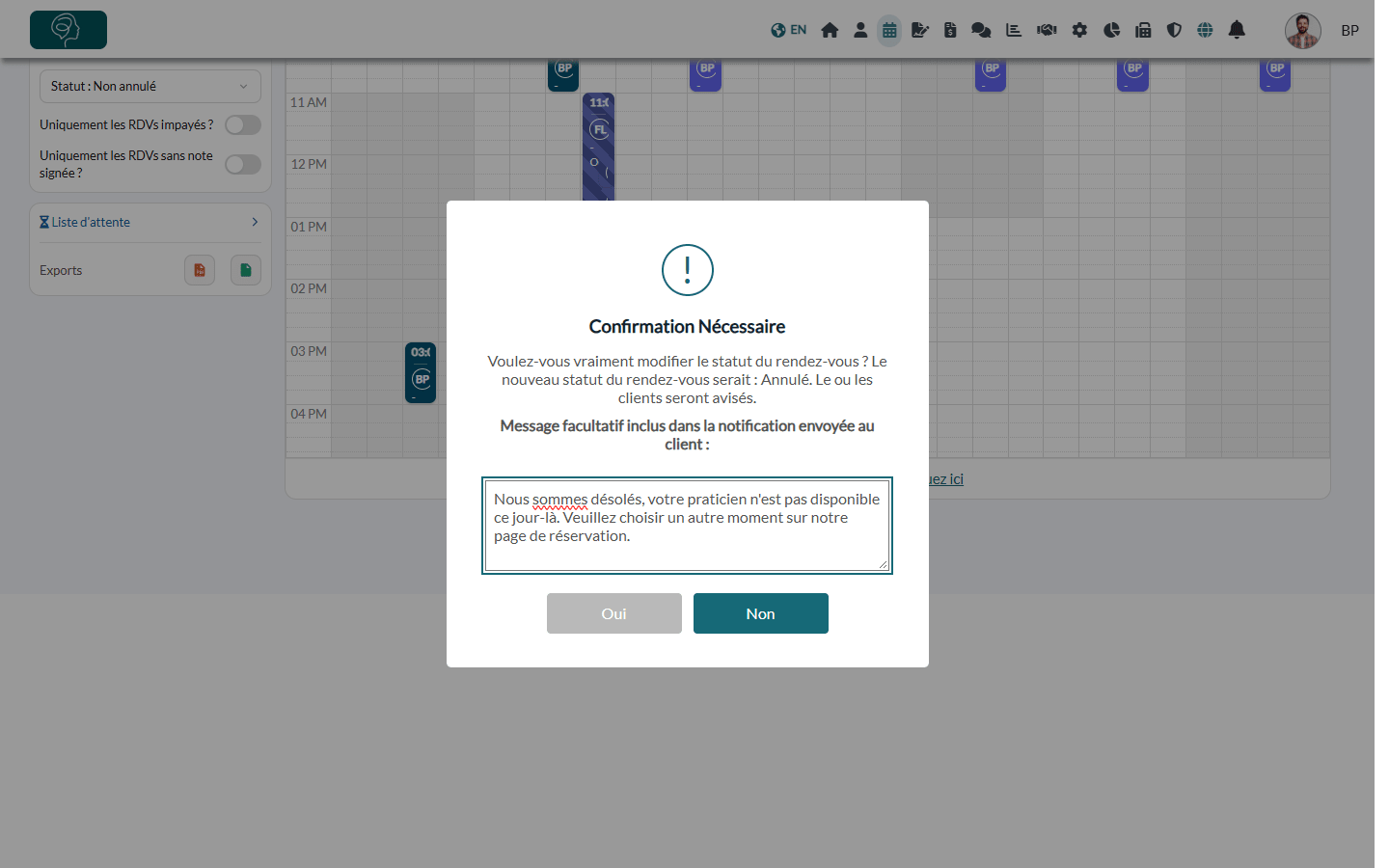 Fenêtre de confirmation avec le message facultatif pour le client