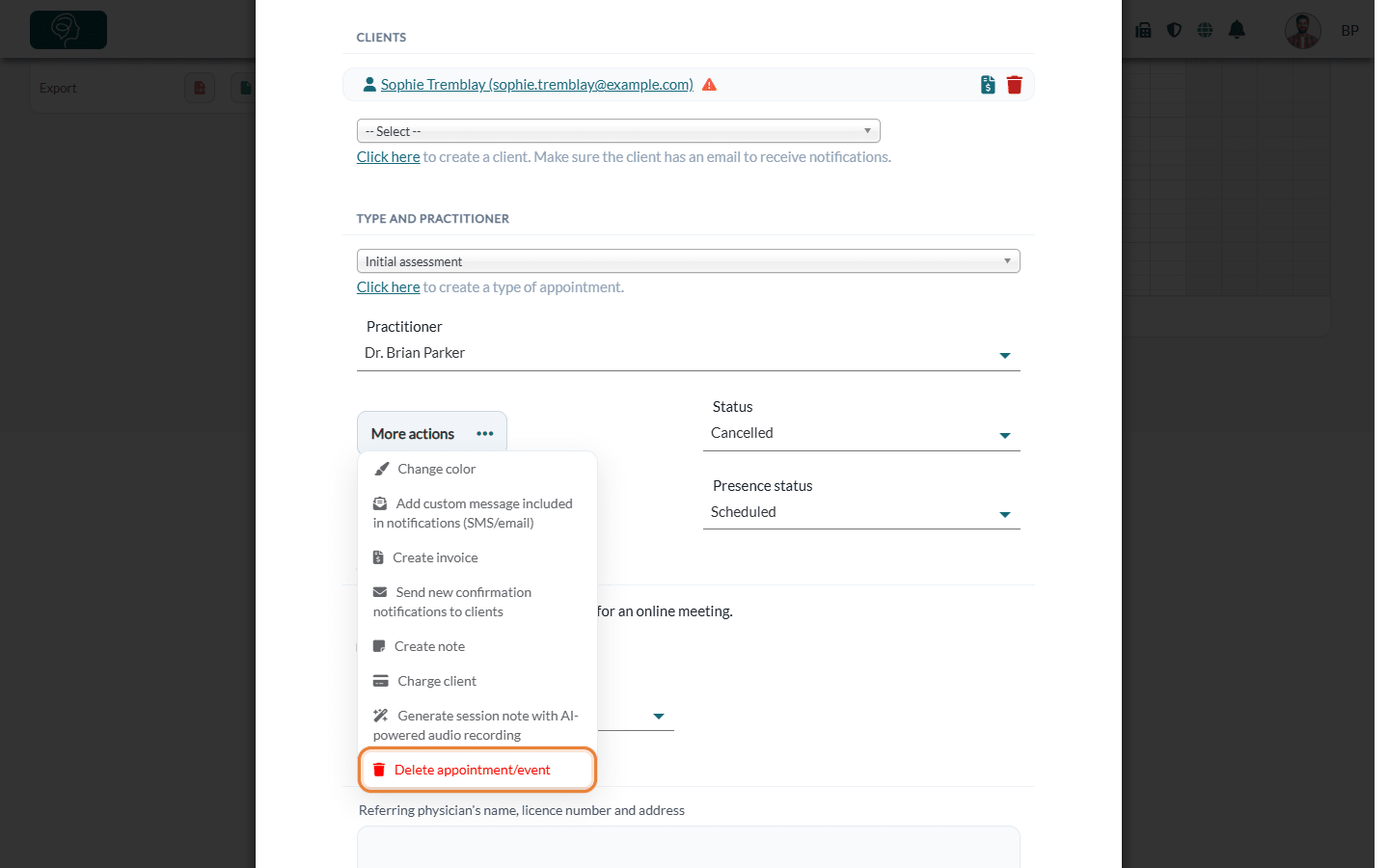 Delete appointment/event in the More actions menu