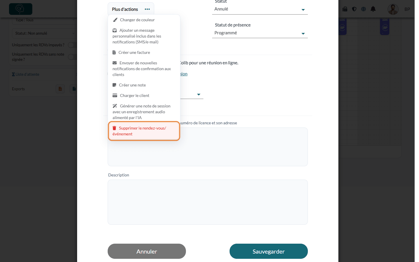 Supprimer le rendez-vous/événement dans le menu Plus d'actions