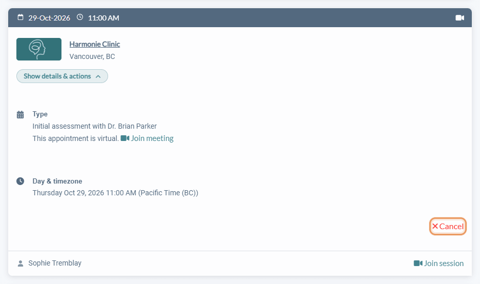 Cancel button on an appointment in the client portal