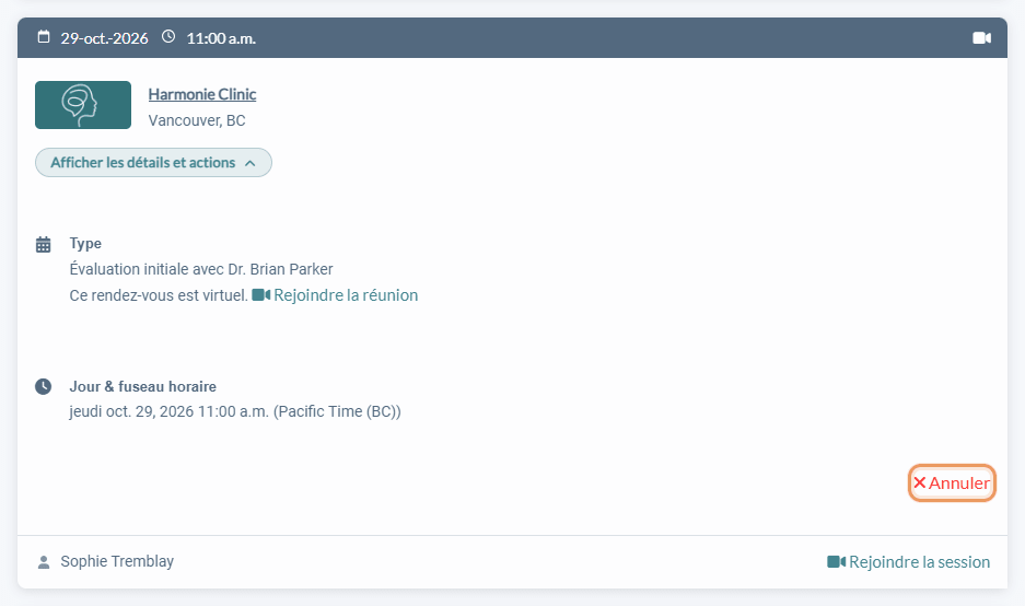 Bouton Annuler sur un rendez-vous dans le portail client