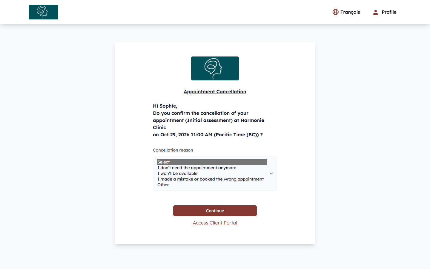 Appointment cancellation page shown to the client