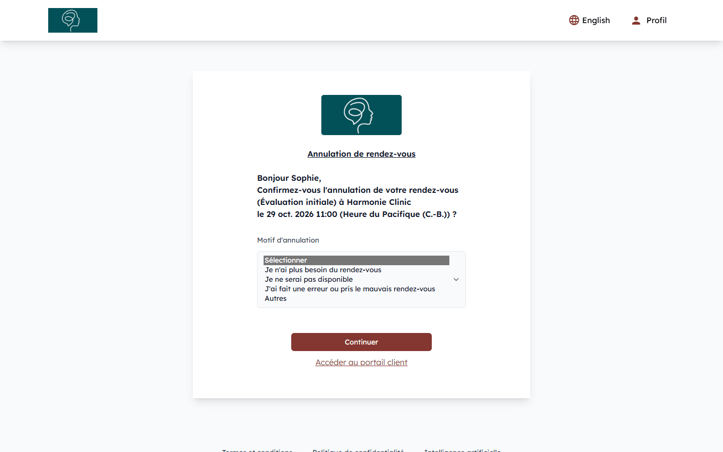 Page d'annulation de rendez-vous présentée au client