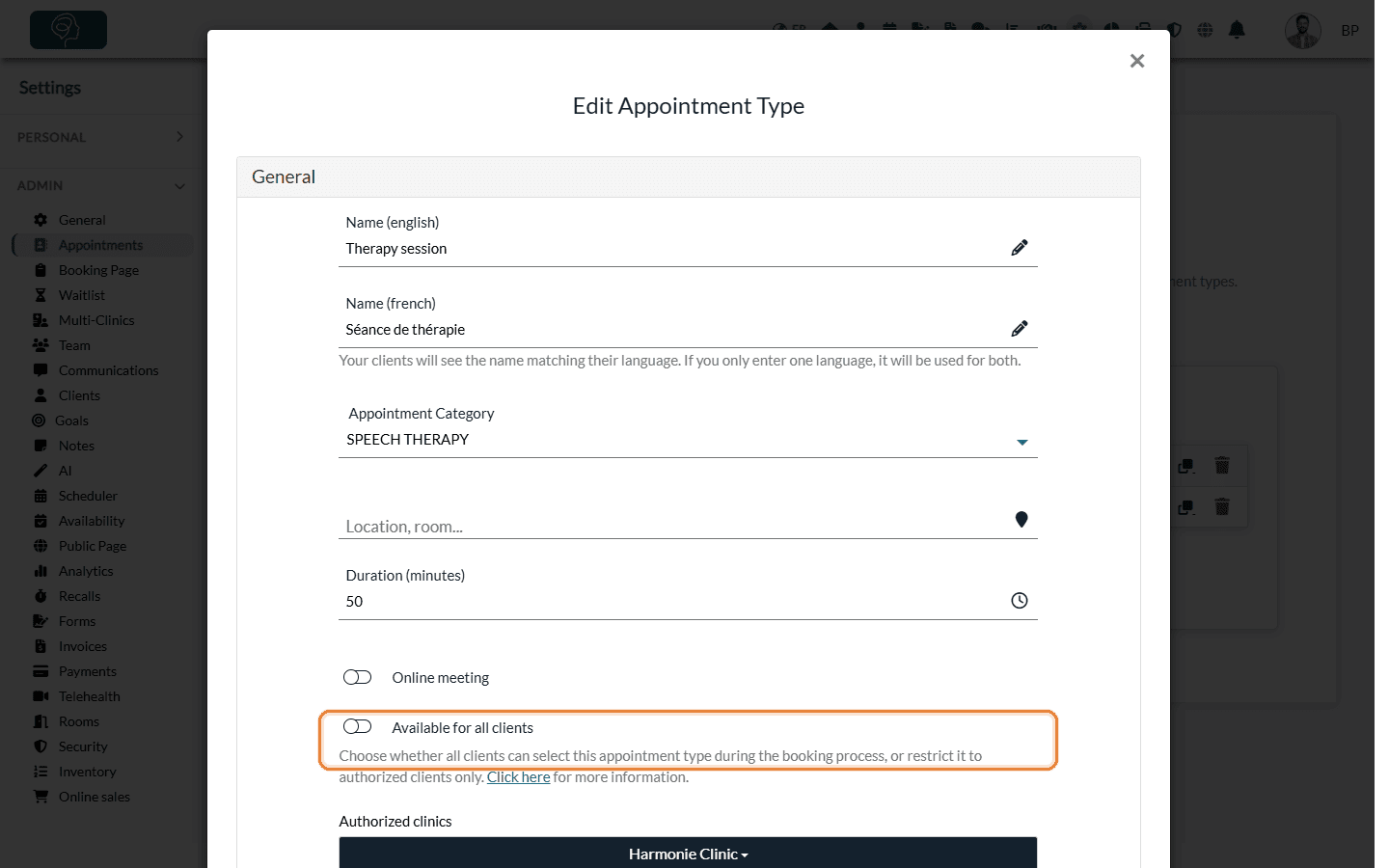 Available for all clients option turned off in the appointment type window