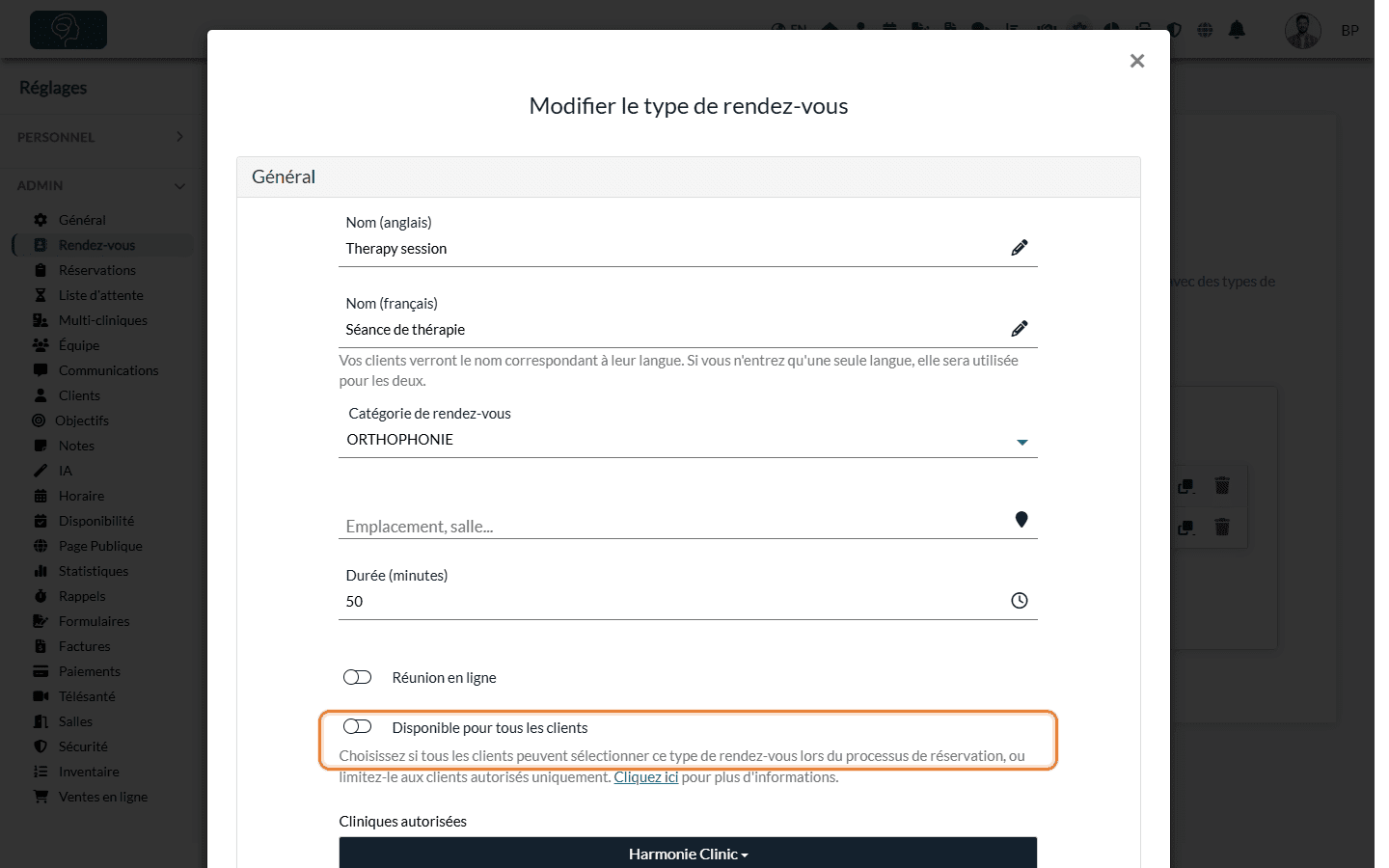 Option Disponible pour tous les clients désactivée dans la fenêtre du type de rendez-vous