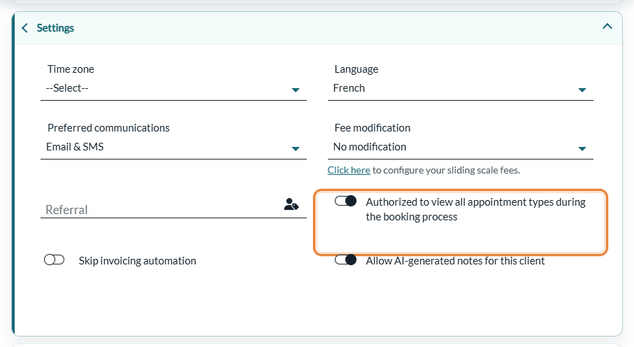Option Authorized to view all appointment types in the Settings section of the client profile