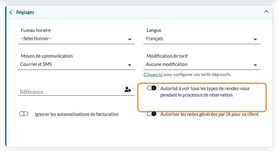 Option Autorisé à voir tous les types de rendez-vous dans la section Réglages du profil client