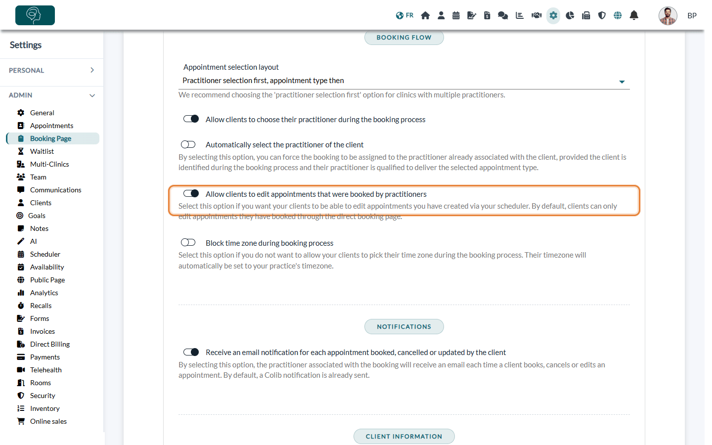 Option Allow clients to edit appointments that were booked by practitioners