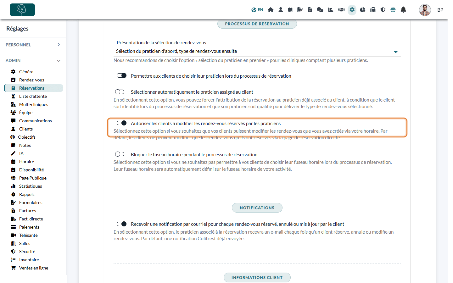 Option Autoriser les clients à modifier les rendez-vous réservés par les praticiens