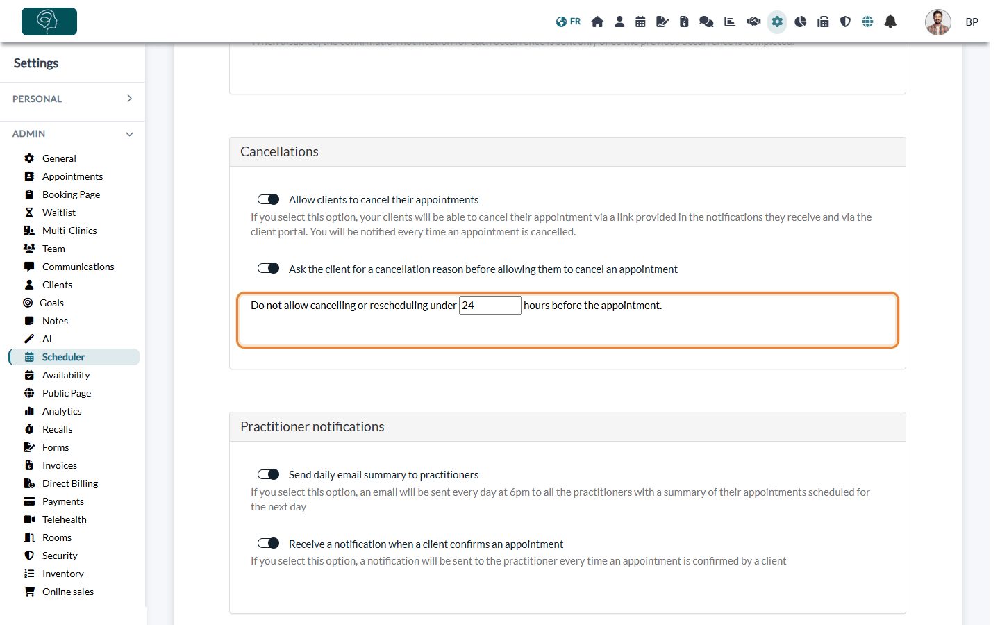 Minimum delay for cancelling or rescheduling in Settings > Scheduler > Cancellations